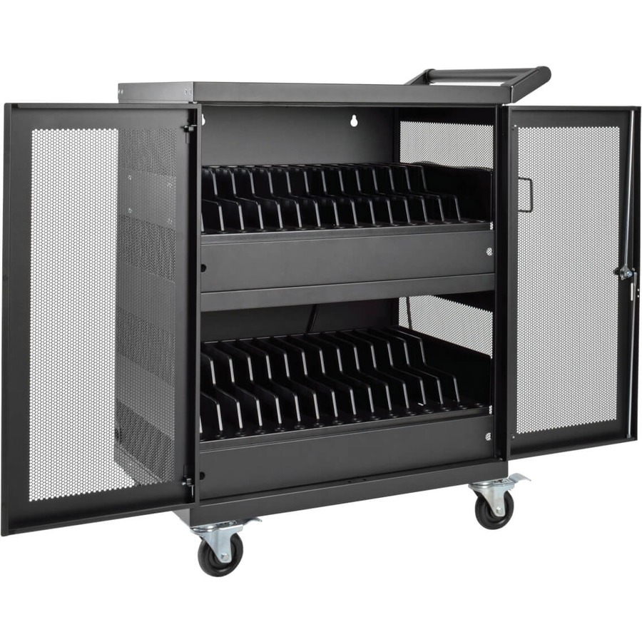 Multi-Device Charging Cart, 32 AC Outlets, Chromebooks and Laptops, Wall-Mount Option, Black.
