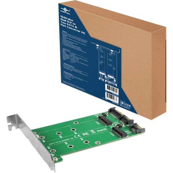 THE MULTI-SIZE DUAL M.2 TO TWO SATA III PORT CONVERTER KIT ALLOWS FOR FLEXIBLE I