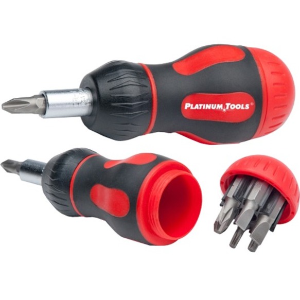 8-IN-1 RATCHETED STUBBY SCREWDRIVER. CLAMSHELL.