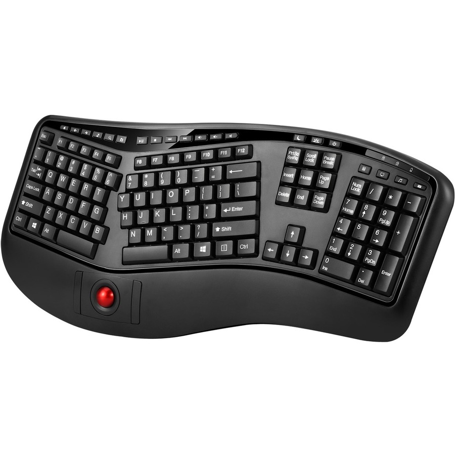 Adesso 2.4 GHz Wireless Ergonomic Trackball Keyboard - Wireless Connectivity - RF - 30 ft (9144 mm) - 2.40 GHz - USB Interface - 105 Key Next Track, Previous Track, Refresh, Search, Forward, Wake-up, Play/Pause, Volume Up, My Computer, Mute, Sleep, ... Ho