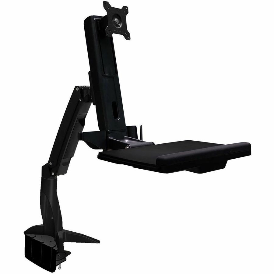 SIT STAND ARTICULATING ARM CLAMP MOUNT. FOLDABLE KEYBOARD TRAY AND RETRACTABLE M