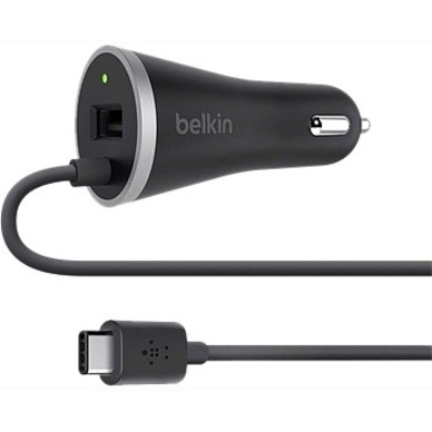BELKIN (F7U006bt04-BLK) - USB-C Car Charger (15W) with Hardwired USB-C Cable and USB-A Port