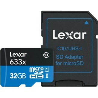 LEXAR 633x 32GB microSDHC A1 C10 U1
UHS-I V10, Up to 100MB/s  - Micro SD Card w/ Adapter (LSDMI32GBBNL633A)