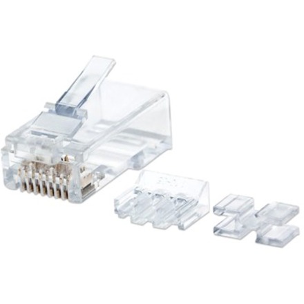 CAT6 RJ45 MODULAR PLUG. 50 GOLD-PLATED CONTACTS. THREE-PRONG TERMINAL FOR SOLID