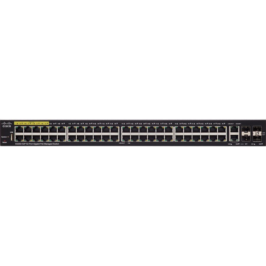 CISCO 350 Series SG350-52P - Switch - L3 - managed - 48 x 10/100/1000 (PoE+) + 2 x combo Gigabit SFP + 2 x Gigabit SFP - rack-mountable - PoE+ (375 W)