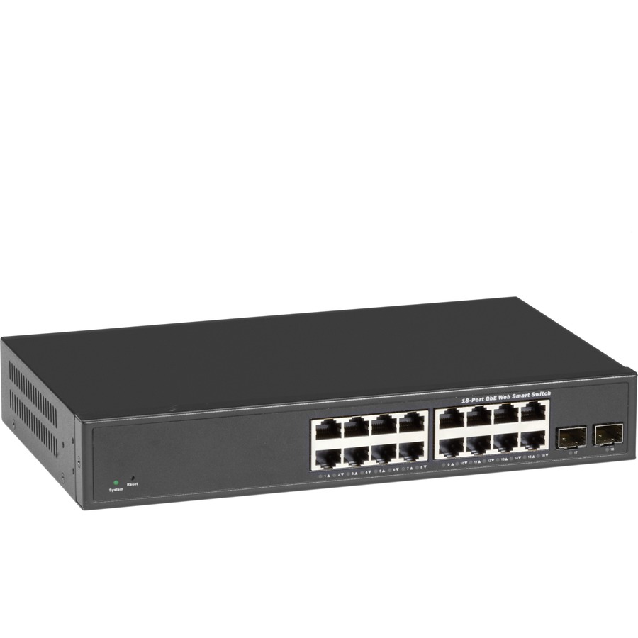 THIS LAYER 2 WEB SMART SWITCH INCLUDES 16 10-/100-/1000-MBPS RJ45 PORTS AND TWO
