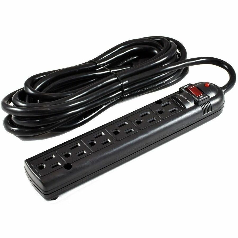 THIS 6 OUTLET PLASTIC POWER STRIP HAS 750 JOULES, EMI/RFI FILTER AND A 25FT POWE