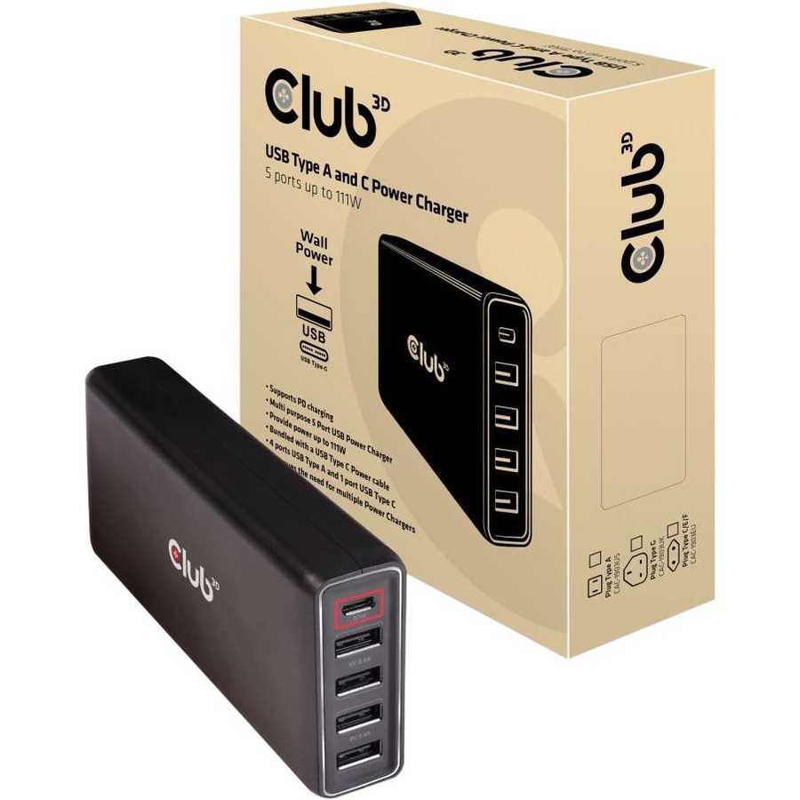 Club 3d USB C Power Charger 111 Watt 1x USB C Port 87 Watt 4x USB a