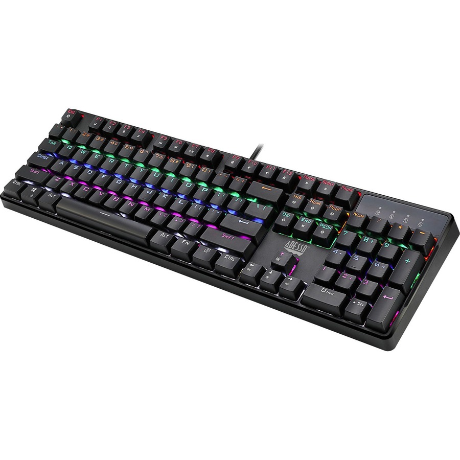 Adesso Multi-color Illuminated Mechanical Gaming Keyboard - Cable Connectivity - USB Interface - 104 Key Multimedia, Windows Key Hot Key(s) - English (US) - Mechanical Keyswitch - Black