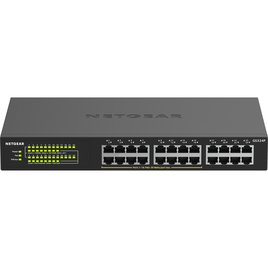 NETGEAR (GS324P-100NAS) 24-Port Gigabit Ethernet Unmanaged PoE+ Switch, with 16 x PoE+ @ 190W, 2 Layer Supported, Twisted Pair, Rack-mountable, Desktop, 3 Year Limited Warranty