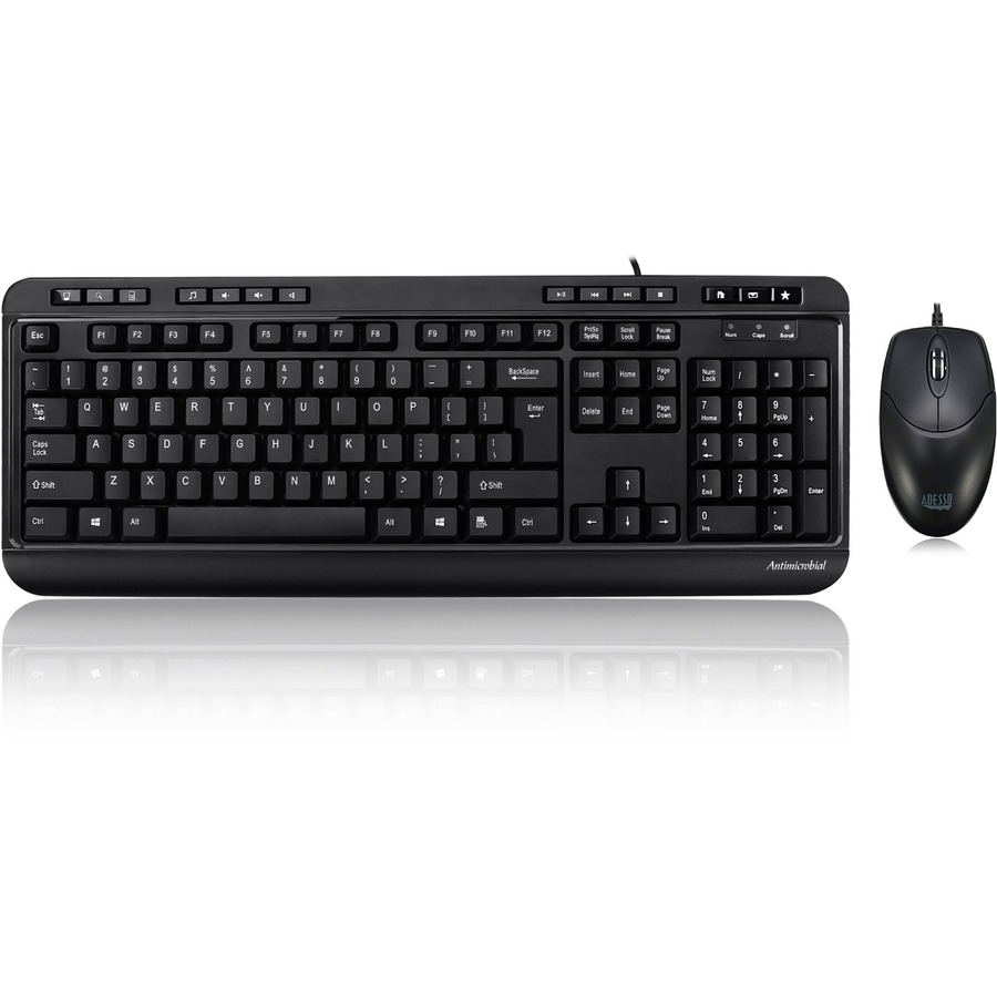 Adesso Antimicrobial Multimedia Desktop Keyboard and Mouse - USB Membrane Cable Keyboard - French - USB Cable Mouse - Optical - 1200 dpi - Media Player, Volume Up, Volume Down, Mute, Play/Pause, Previous Track, Next Track, Stop, My Computer, Search, Email