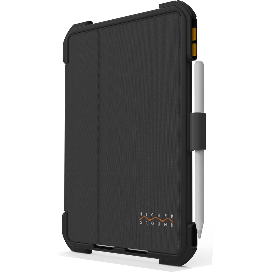 HIGHER GROUND PROTEX FOLIO FOR IPAD 7TH GEN IN BLACK. SILICONE X-STRAP FOR COMFO