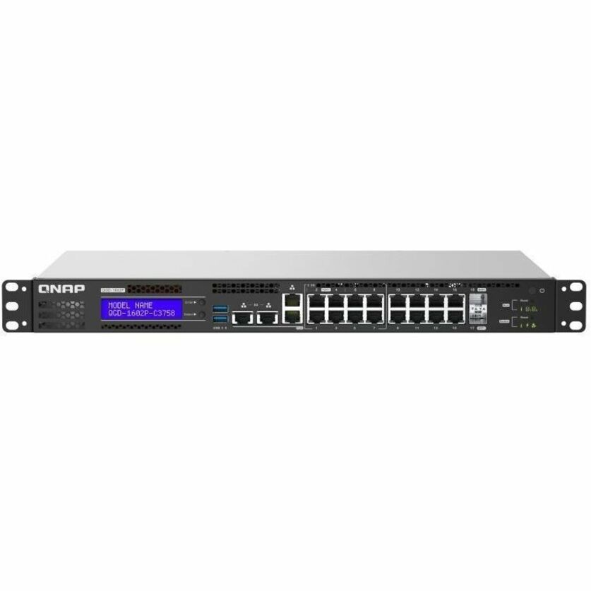 QNAP (QGD-1602P-C3758) 8 2.5GbE PoE ports(4 port IEEE 803.3bt PoE ++ supply 90W, 4 port 803.3at PoE ++ supply 30W), 8 1GbE PoE ports( 8 port 803.3at PoE ++ supply 30W), 2 SFP+ 10GbE., 280W toatl power comsumption, 220W PoE power budget, Intel Atom® C3758, Equipped with QTS, 2 X 2.5" SSD/HDD, 2 x PCIe Gen 3 slots, 2 X USB3.0