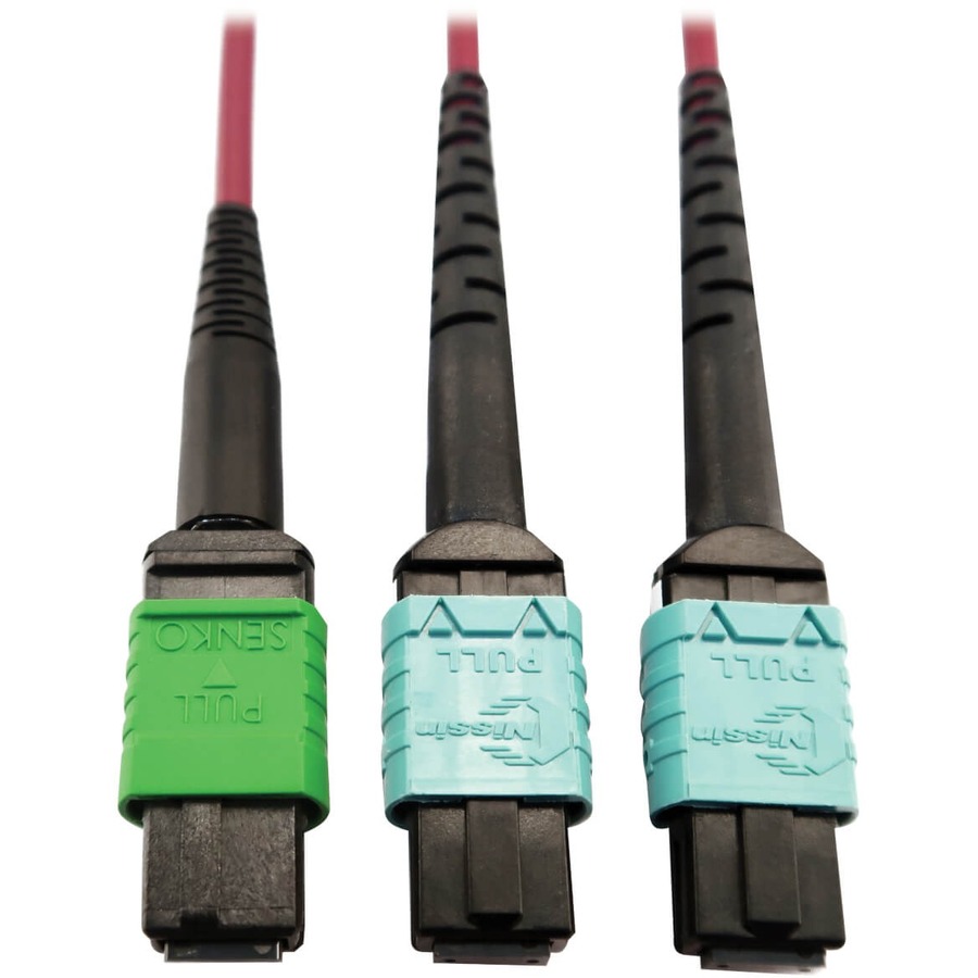 Tripp Lite by Eaton 400G Multimode 50/125 OM4 Plenum Fiber Optic Cable 16F MTP/MPO-APC to (x2) 12F MTP/MPO-UPC (F/F) Magenta 3 m