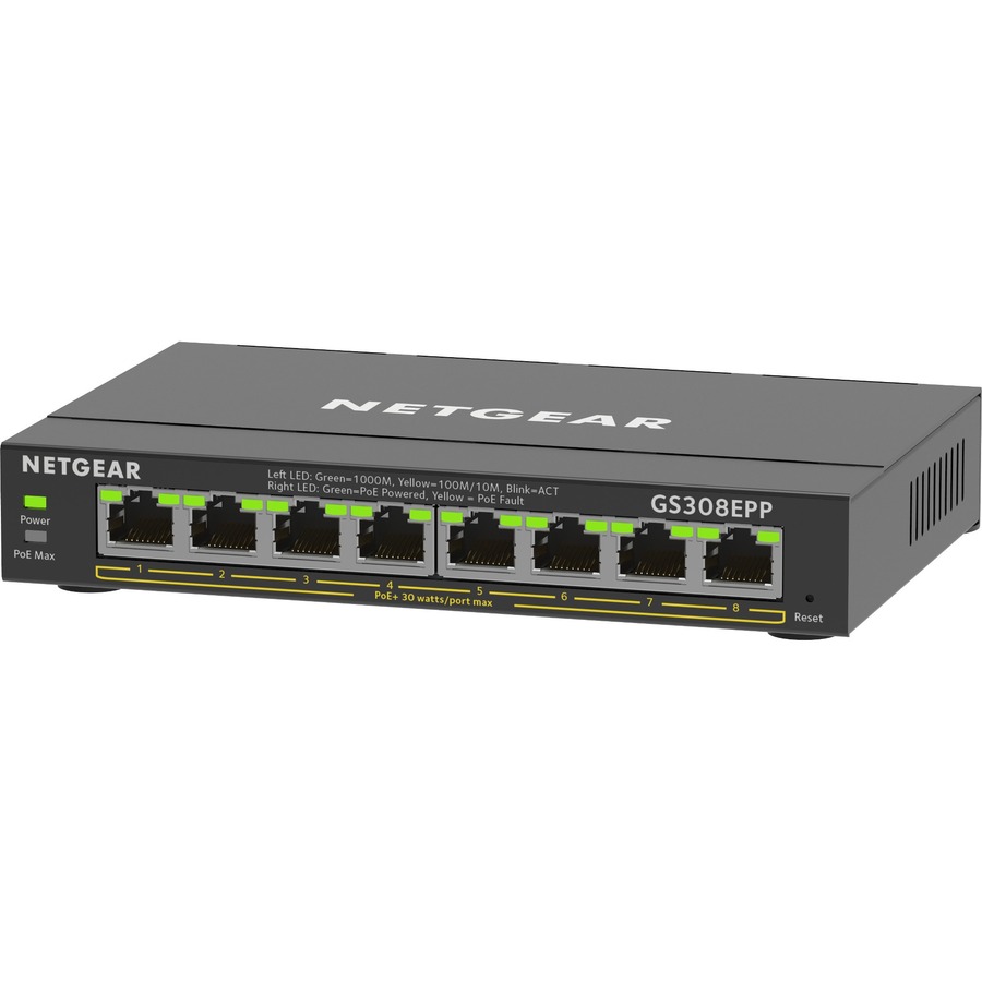 Netgear (GS308EPP-100NAS) 8-Port Gigabit Ethernet PoE+ Smart Managed Plus Switch, 8 Ports, Manageable, 2 Layer Supported, 123 W PoE Budget, Twisted Pair, PoE Ports, Wall Mountable, Desktop, Rack-mountable, 5 Year Limited Warranty