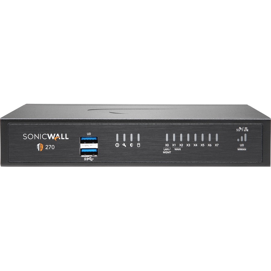 SonicWall TZ270 Network Security/Firewall Appliance - 8 Port - 10/100/1000Base-T - Gigabit Ethernet - DES, 3DES, MD5, SHA-1, AES (128-bit), AES (192-bit), AES (256-bit) - 8 x RJ-45 - 3 Year Secure Upgrade Plus Advanced Edition - Desktop, Rack-mountable -