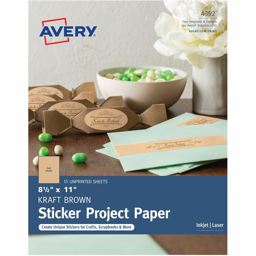 Avery® Permanent Sticker Project Paper - Letter - 8 1/2" x 11" - Self-adhesive, Permanent Adhesive, Die-cut, Printable, Acid-free, Lignin-free - Brown - 15 Sheets - 15/Pack - 6 / Carton