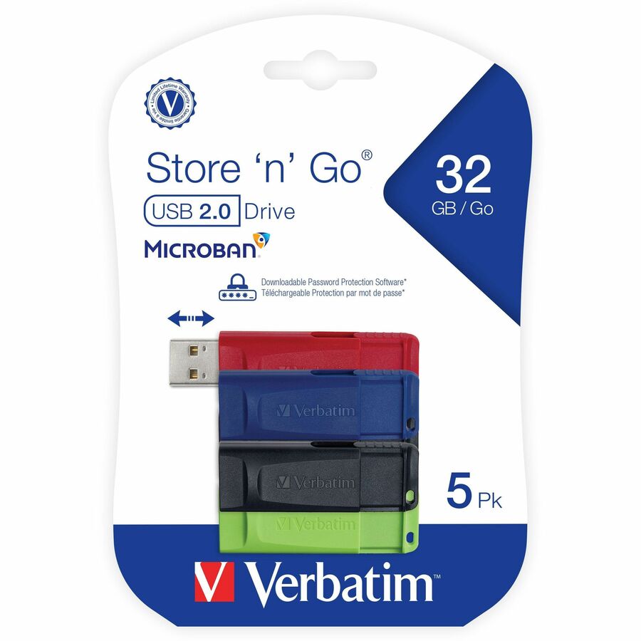 Verbatim 32GB Store 'n' Go USB Flash Drive - 5pk - Assorted - 32 GB - USB 2.0 Type A - Assorted - Lifetime Warranty - 5 Pack