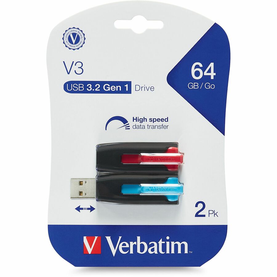 Verbatim 64GB Store 'n' Go V3 USB 3.2 Gen 1 Flash Drive - 2pk - Red, Blue - 64 GB - USB 3.2 (Gen 1) Type A - Blue, Red - Lifetime Warranty - 2 Pack