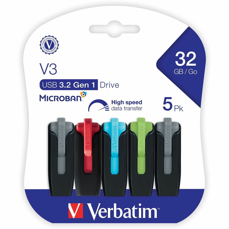 Verbatim 32GB Store 'n' Go V3 USB 3.2 Gen 1 Flash Drive - 5pk - Assorted - 32 GB - USB 3.2 (Gen 1) Type A - Assorted - Lifetime Warranty - 5 Pack