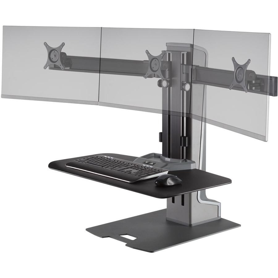 THE WINSTON-E SIT-STAND TRIPLE MONITOR MOUNT OFFERS ELECTRIC HEIGHT ADJUSTMENT,