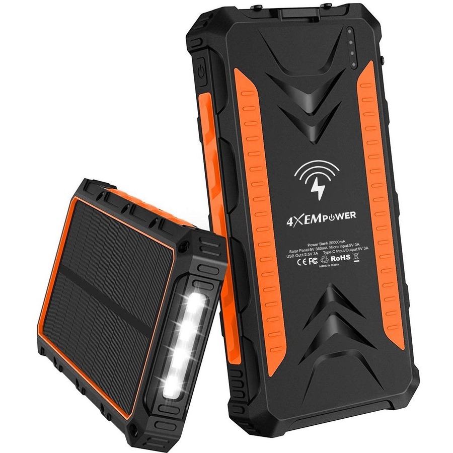 4xem 20000mah Solar Charger Orange Wrls Qi USB Type C Micro USB