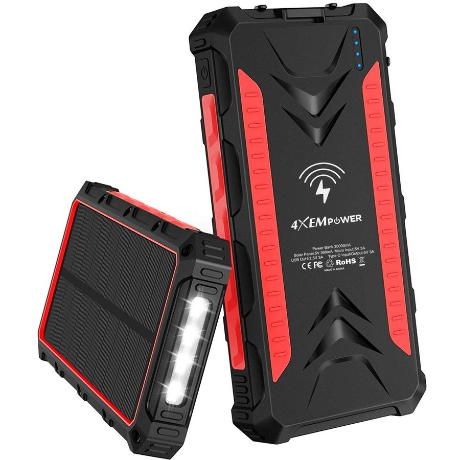 20000MAH SOLAR POWER BANK RED USBC/USBA/WIRELESS CHARGE
