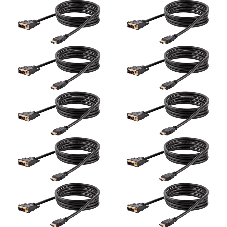 StarTech.com 6ft (1.8m) HDMI to DVI Cable, DVI-D to HDMI Display Cable (1920x1200p), 10 Pack, Black, HDMI to DVI-D Adapter Cord M/M - 1.8m/6ft 10 Pack HDMI male to DVI-Digital (19-pin) male cable; Full HD 1920x1200p 60Hz/1080p/Single link/24 Bpp - PVC str