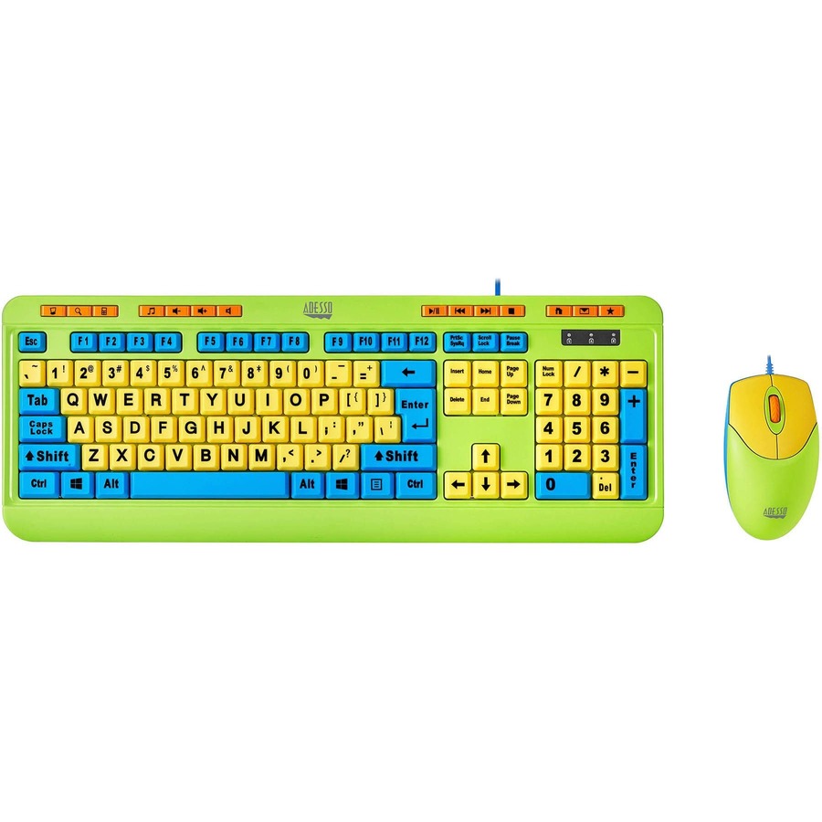 Adesso Antimicrobial Wired Kids Keyboard and Mouse Combo - USB Membrane Cable Keyboard - 104 Key - English (US) - USB Wireless Mouse - Optical - 1000 dpi - Media Player, Volume Down, Volume Up, Mute, Play/Pause, Previous Track, Next Track, Stop, My Comput