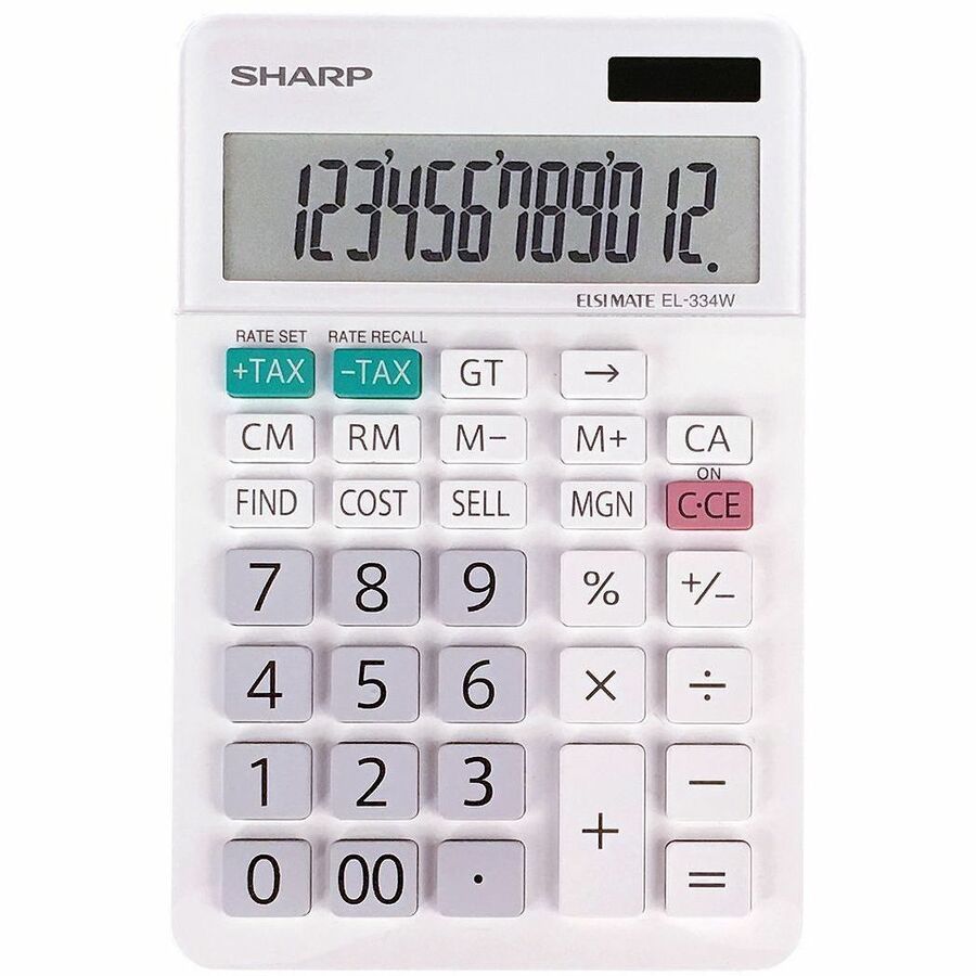 Sharp EL334W Twin Power XL 12-digit Display - 4-Key Memory, Kickstand, Backspace Key, Fixed Angled Display, Double Zero - 12 Digits - LCD - Battery/Solar Powered - Desktop