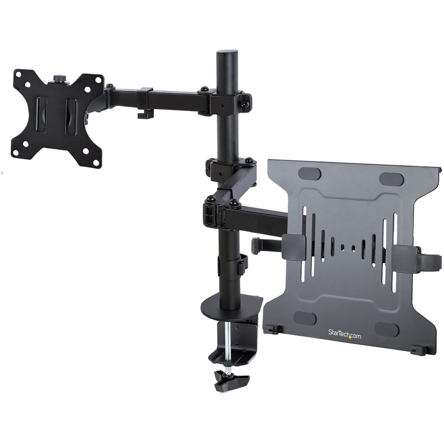 THIS BLACK MONITOR AND LAPTOP MOUNT FOR DESK ALLOWS FIXING A LAPTOP ON THE VESA