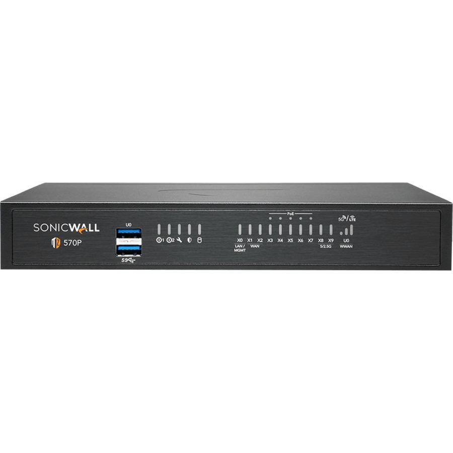 SonicWall TZ570 Network Security/Firewall Appliance - Intrusion Prevention - 8 Port - 1000Base-T - 5 Gigabit Ethernet - 4 Gbit/s Firewall Throughput - AES (192-bit), DES, MD5, AES (256-bit), 3DES, AES (128-bit), SHA-1 - 8 x RJ-45 - 2.0 Total Expansion Slo