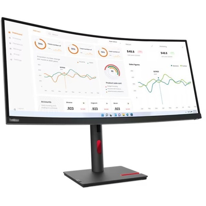 Lenovo ThinkVision T34w-30 34" Class UW-QHD Curved Screen LCD Monitor - 21:9 - Raven Black - 34" Viewable - Vertical Alignment (VA) - 3440 x 1440 - 16.7 Million Colors - 350 cd/m&#178; - 4 ms - HDMI - DisplayPort - USB Hub