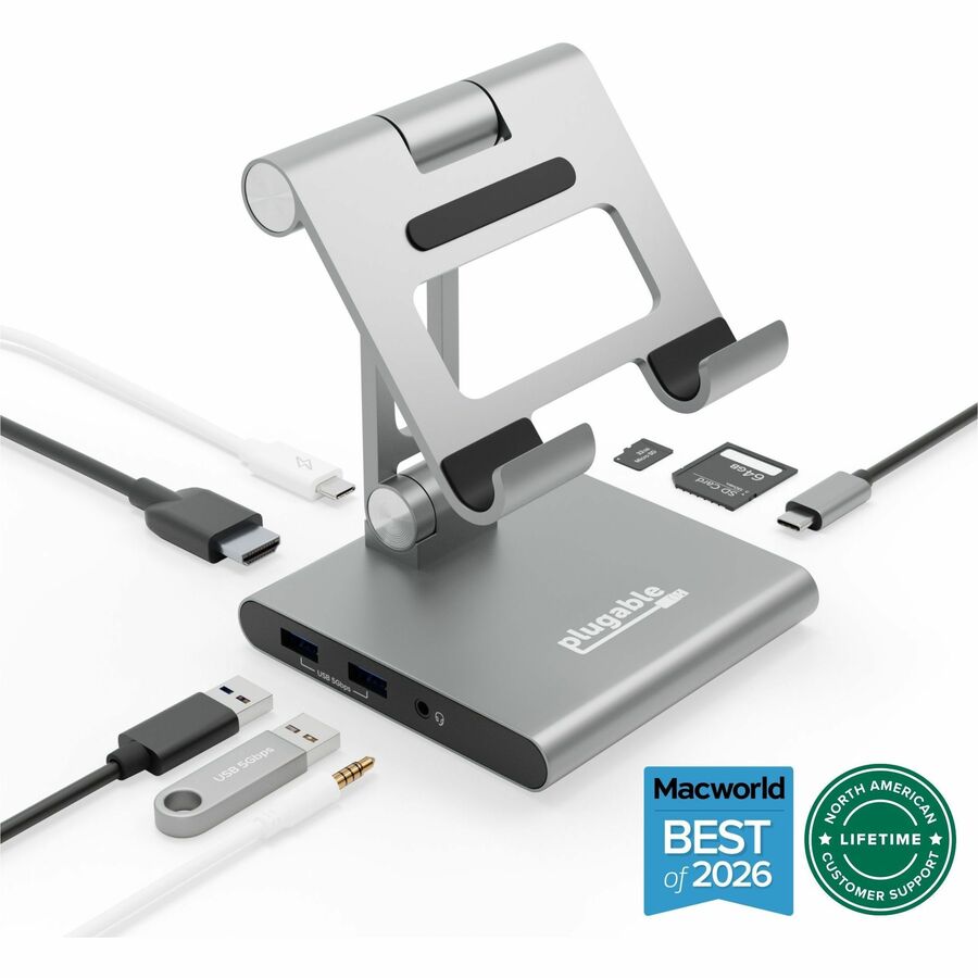 PLUGABLE USB-C DOCKING STATION WITH STAND, DRIVERLESS 100W PASS-THROUGH CHARGING