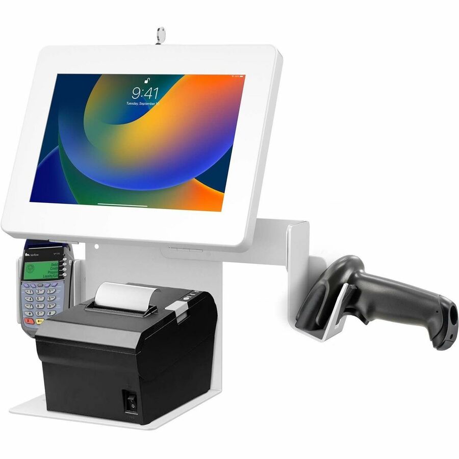 POS STATION WITH PRINTER STAND AND WHITE UNIVERSAL SECURITY ENCLOSURE