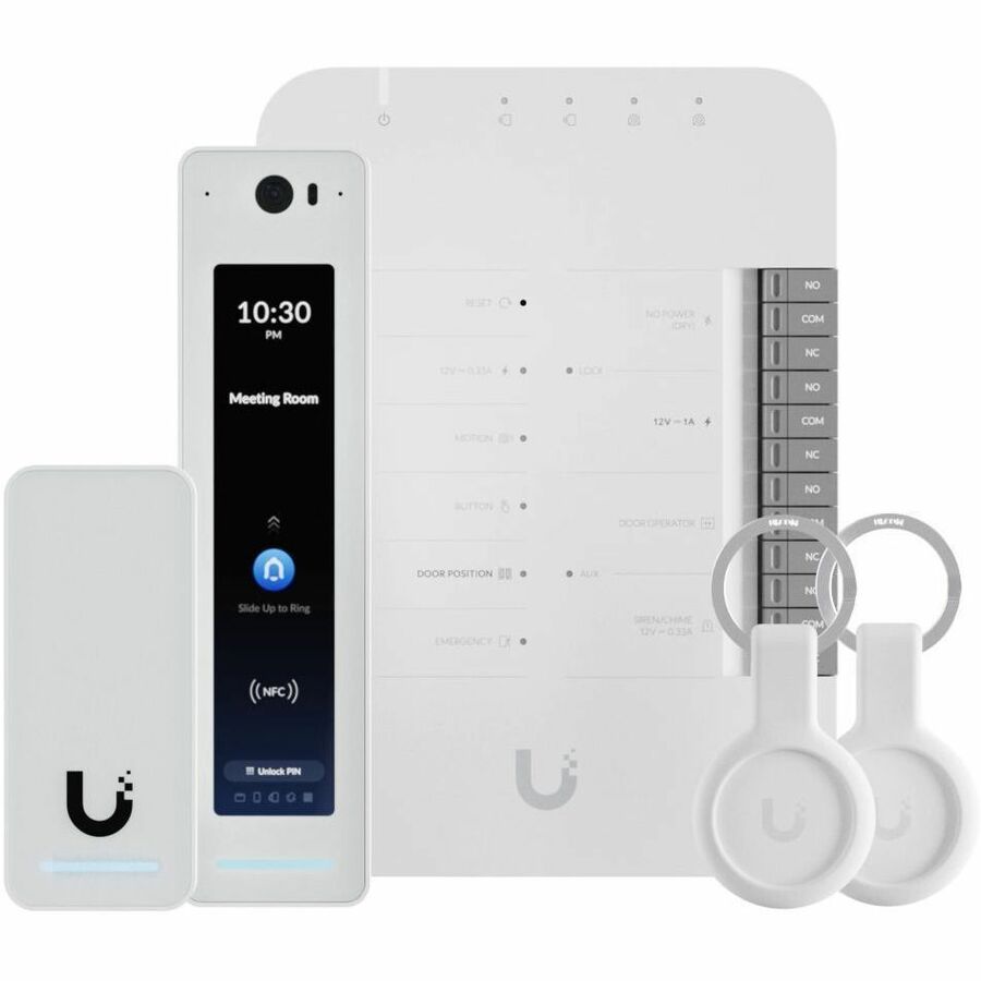 G2 Starter Kit Professional (1) UniFi Access Door Hub (1) Access Reader G2 Professional (1) Access Reader G2 for Door Exit or Entrance for Additional Door 2) UniFi Access Pocket Key Fob