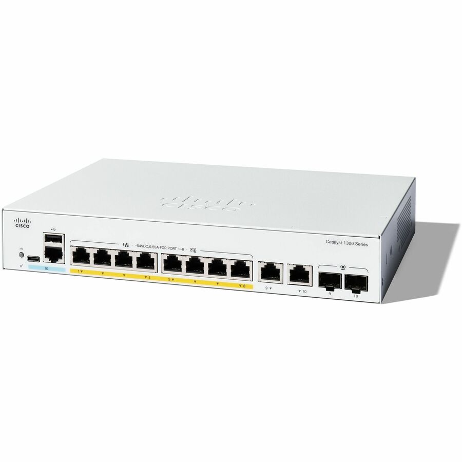 Cisco Catalyst (1300-8P-E-2G) 1300 8-port GE, PoE, Ext PS, 2x1G Combo,16000 MAC Address Table, support,Jumbo frame sizes up to 9000 bytes,supportIEEE 802.3az ,IEEE 802.1ad ,IEEE 802.1X,IEEE 802.3af/at, Layer 2 and Layer 3 ,Flash 512 MB ,Dual-core ARM at 1.4 GHz,1 GB DDR4 ,Limited lifetime warranty