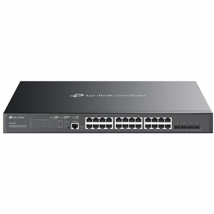 Omada 24-Port POE+ Gigabit L2+ Managed Switch with 4 10ge SFP+ Slots - Port: 24 Gigabit POE+ Ports, 4 10g SFP+ Slots, RJ45/Micro-USB Console Port; Spec: 802.3at/Af, 384 W PoE Power, 1u 19-Inch Rack-Mountable Steel Case; Feature: Integration with Omada Sdn Controller,static Routing, Oam, Ddm, Sflow, 802.1q Vlan, Qinq, Stp/Rstp/Mstp, Igmp Snooping, 802.1p/Dscp Qos, Acl, 802.1x, Radius/Tacacs+ Authentication, Lacp, Cli, Snmp, Dual Image/Configuration, Ipv6