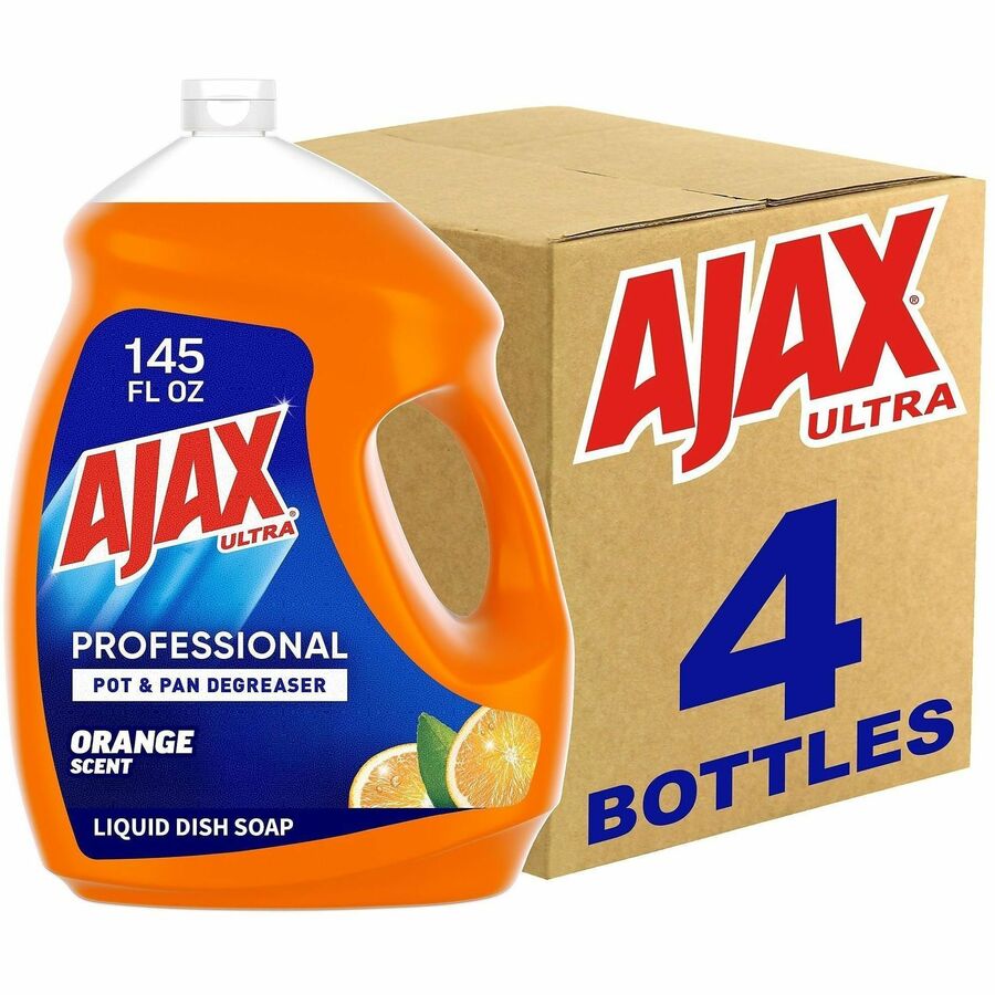 AJAX Ultra Pro Pot & Pan Degreaser Dish Liquid - For Pot, Pan, Dish, Hand, Kitchen, Commercial - Liquid - 145 fl oz (4.5 quart) - Orange Scent - Recommended For: Odor Remover, Bacteria Remover, Grease Remover, Food Remover, Dirt Remover, Stain Remover - Paraben-free, Phosphate-free, Deodorize - Citrus - 4 / Carton