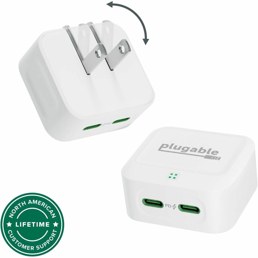 Plugable Dual USB C Charger Block, 40W Foldable 2-Port Fast Charging Flat USB C Wall Charger