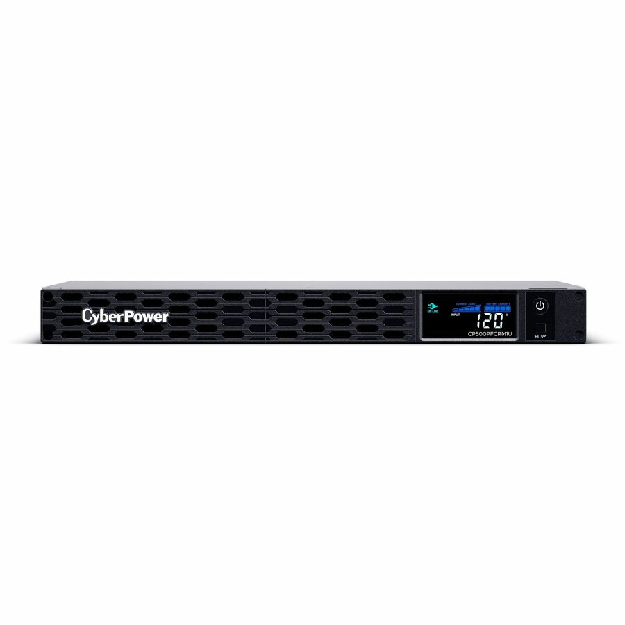 CyberPower PFC Sinewave CP500PFCRM1U 500VA Rack-mountable UPS - 1U Rack-mountable - AVR - 8 Hour Recharge - 2 Minute Stand-by - 120 V AC Input - 120 V AC Output - Sine Wave - Serial Port - USB - LCD Display - 6 x NEMA 5-15R - 4 x Battery/Surge Outlet - Dr