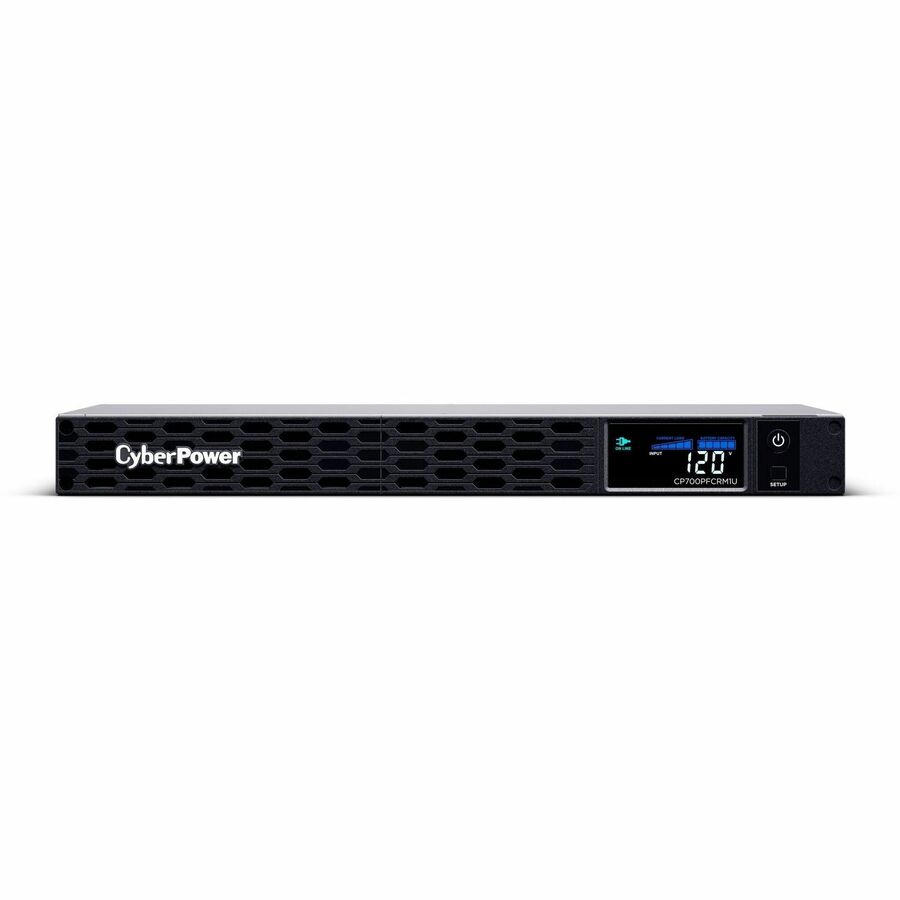 CyberPower PFC Sinewave CP700PFCRM1U 700VA Rack-mountable UPS - 1U Rack-mountable - AVR - 8 Hour Recharge - 1.50 Minute Stand-by - 120 V AC Input - 120 V AC Output - Sine Wave - Serial Port - USB - LCD Display - 6 x NEMA 5-15R - 4 x Battery/Surge Outlet -