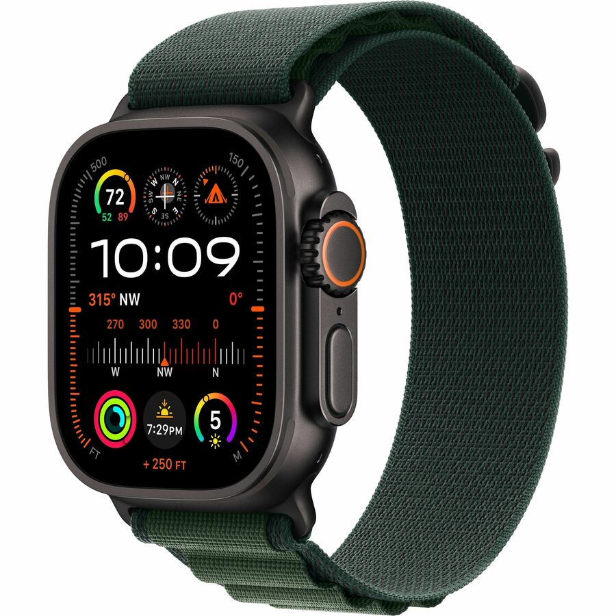 Apple Watch Ultra 2 Smart Watch - 1.93" (49 mm) - 1.73" (44 mm) - Pulse Oximeter Sensor, ECG Sensor, Optical Heart Rate Sensor, Temperature Sensor, Digital Compass, Altimeter, Gyro Sensor, Accelerometer, Ambient Light Sensor - Sleep Monitor, Text Messaging, Phone, Music Player, Speaker - Heart Rate, Sleep Quality - Apple S9Dual-core (2 Core) - 64 GB - Retina Display - Touchscreen - watchOS 10 - Bluetooth - GPS - 72 Hour - Black Case Color - Dark Green Band Color - Glass Body Material - Tita