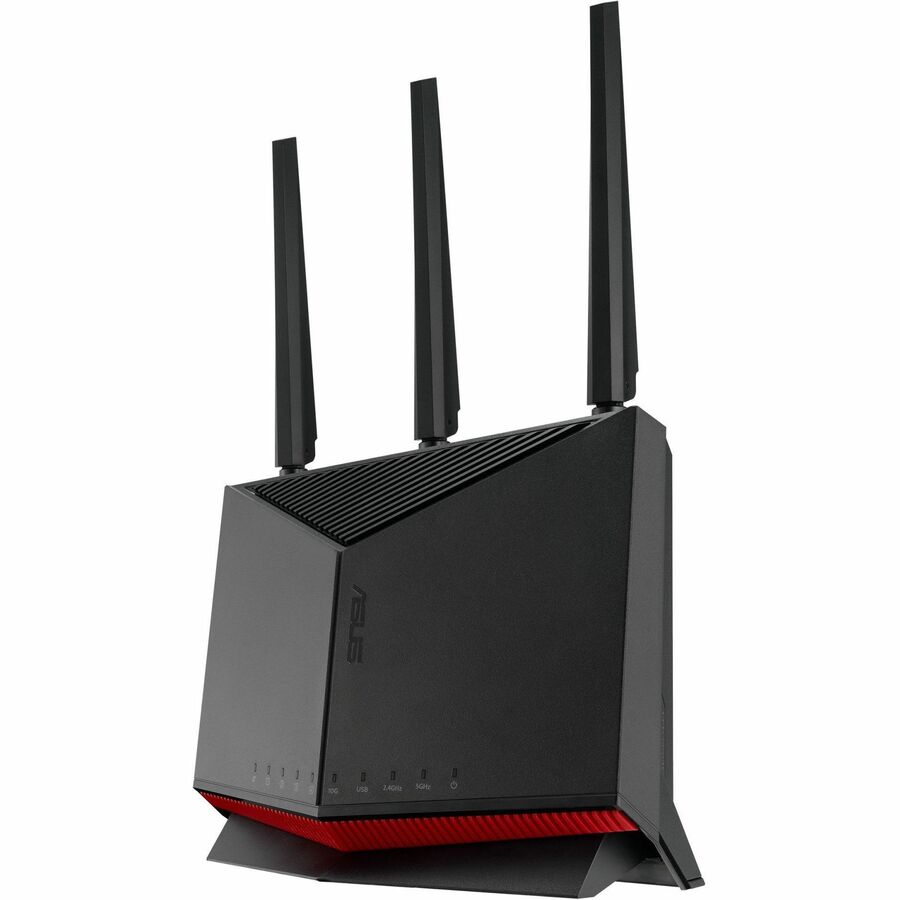 Asus RT-BE86U Wi-Fi 7 IEEE 802.11 a/b/g/n/ac/ax/be Ethernet Wireless Router - Dual Band - 2.40 GHz ISM Band - 5 GHz UNII Band - 4 x Antenna(1 x Internal/3 x External) - 850 MB/s Wireless Speed - 3 x Network Port - 2 x Broadband Port - USB - 10 Gigabit Eth