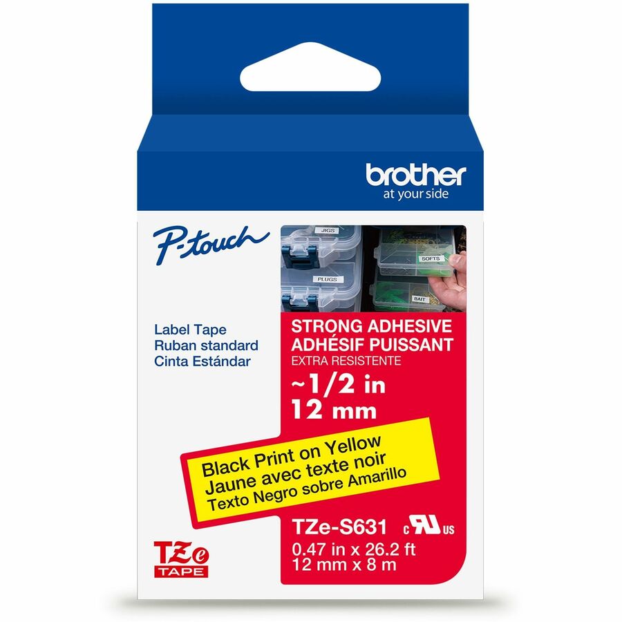 Brother Genuine P-touch TZeS631 BK on YL Label Tape, Strong Adhesive Lam., 12mmX8m
