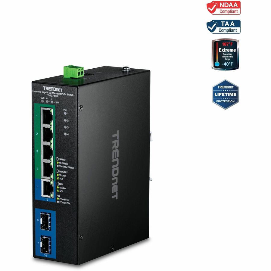 7-PORT INDUSTRIAL GIGABIT L2 MANAGED POE+ DIN-RAIL SWITCH 24 - 57V