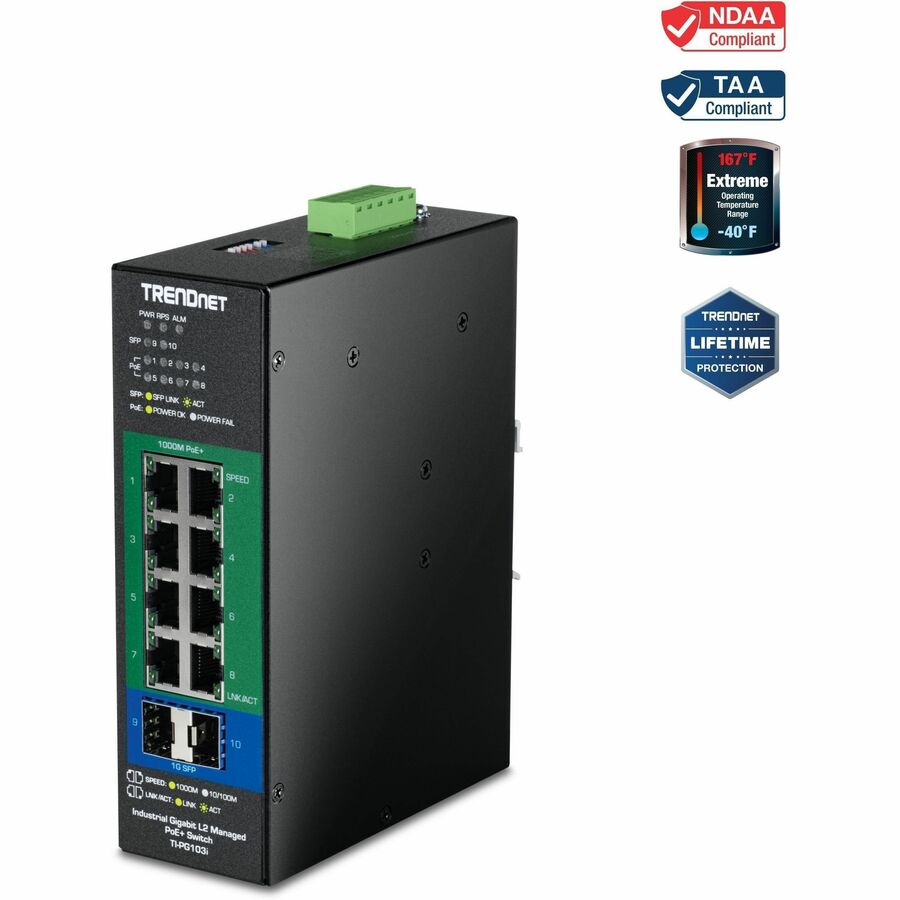 10-PORT INDUSTRIAL GIGABIT L2 MANAGED POE+ DIN-RAIL SWITCH 24 - 57V