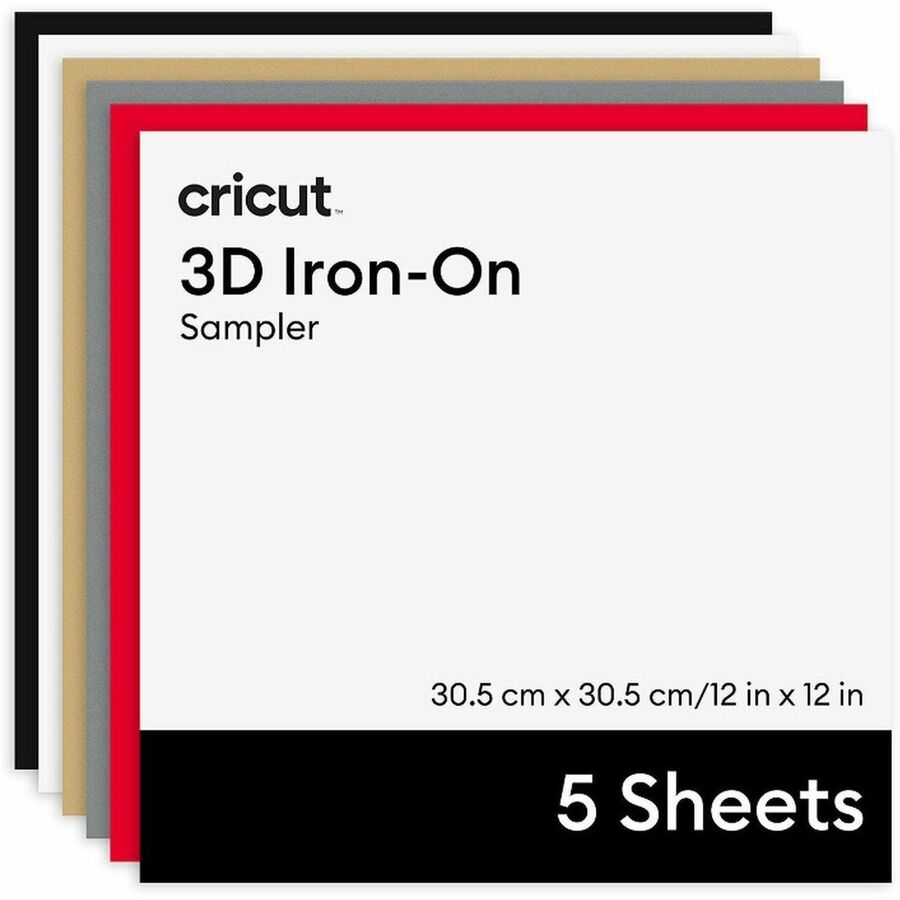 cricut 3D Iron-On, Bold Sampler - 12 in x 12 in (5 ct) - 12" (304.80 mm) x 12" (304.80 mm) - Matte - Long Lasting, Washable, Easy to Weed, Heat Resistant, Easy to Cut, Lead-free - Black, White, Gold, Silver, Red - 5 Sheets - 5 / Carton