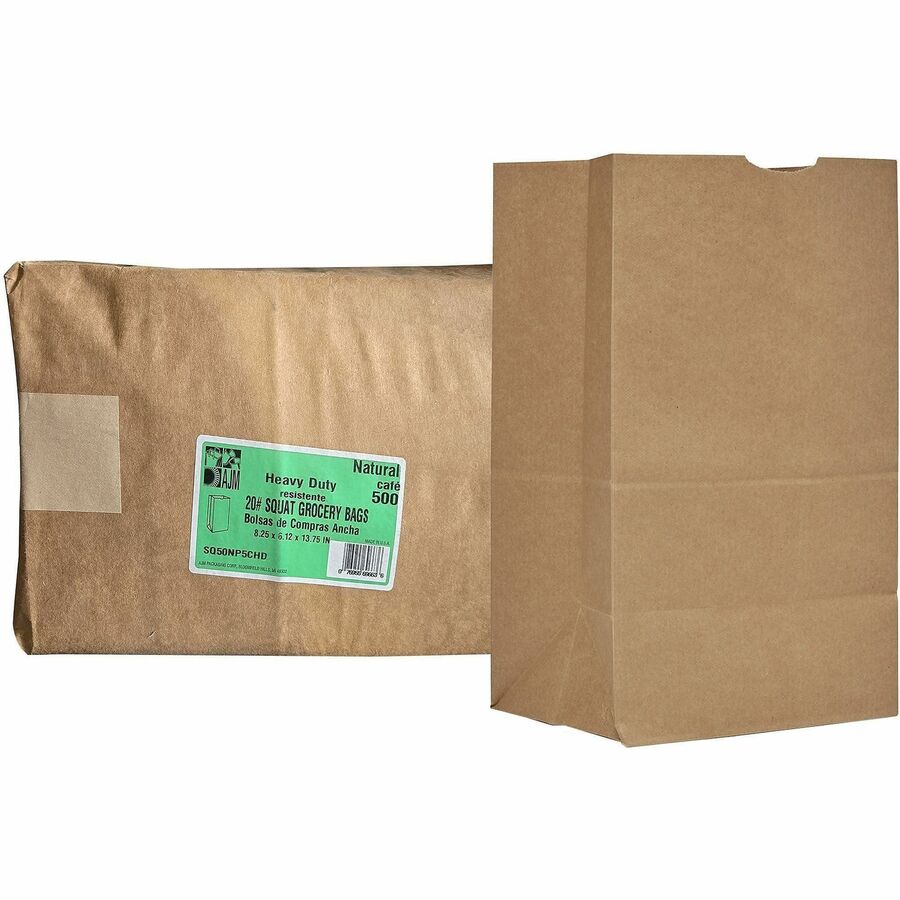 AJM #20 Squat Heavy-Duty Kraft Paper Grocery Bags - #20 - Natural Kraft - Paper - Grocery, Supplies - 500 / Carton