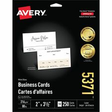 Avery® 2" x 3.5" Business Cards, Sure Feed(TM), Laser, 250 (5371) - 97 Brightness - A8 - 2" x 3 1/2" - 250 / Pack - FSC Mix - Heavyweight, Perforated, Smooth Edge